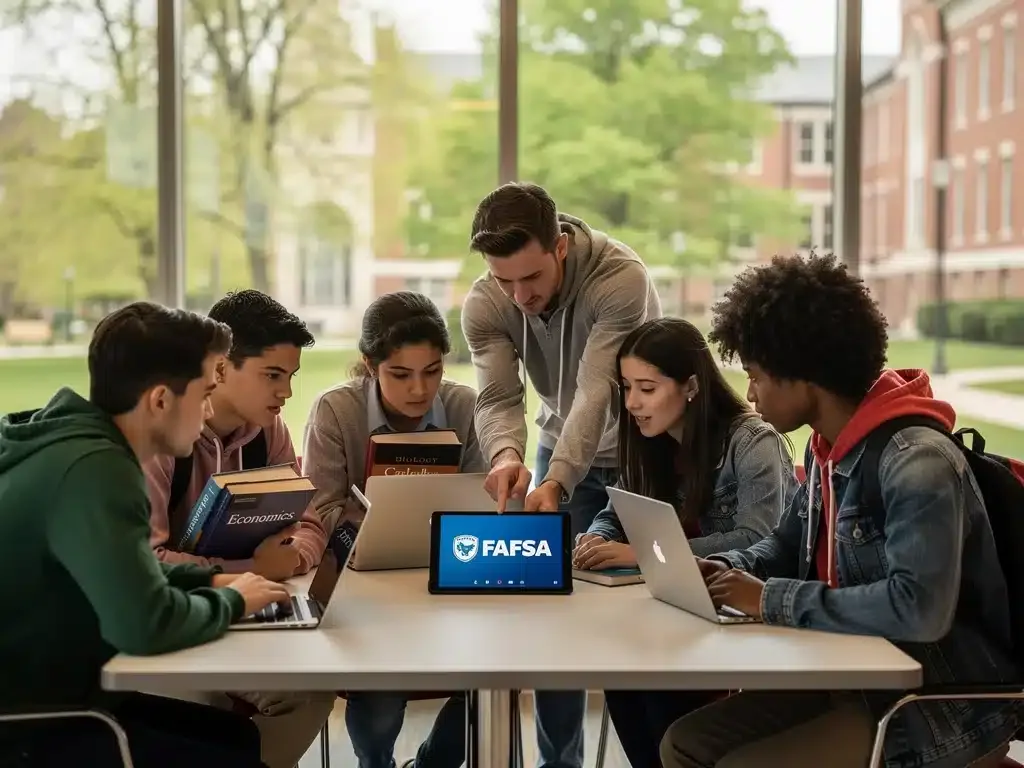 Students reviewing FAFSA changes on a tablet for college applications