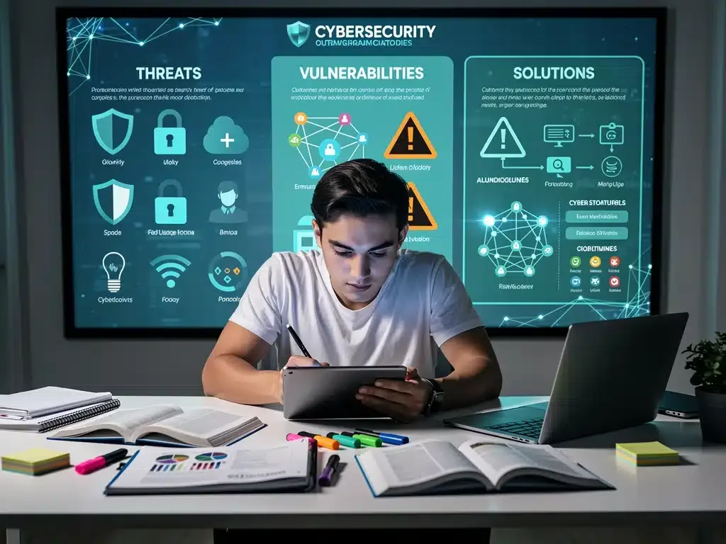 Individual studying cybersecurity on a tablet with digital threat visuals