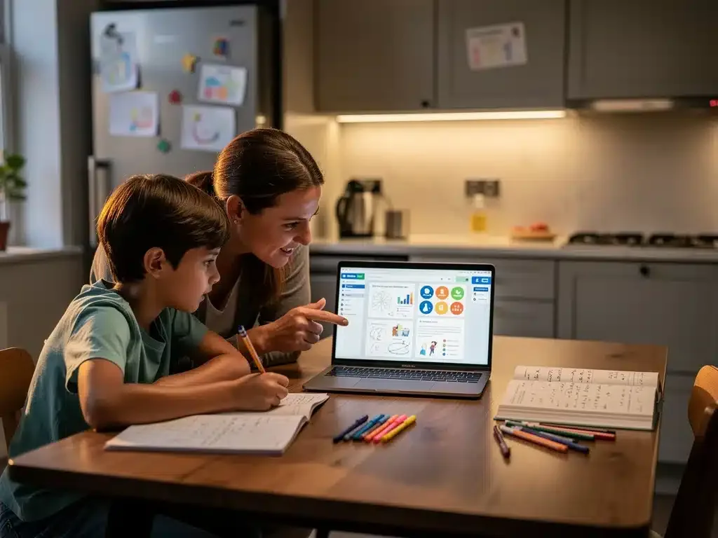 Parent and child reviewing schoolwork, focusing on educational technology