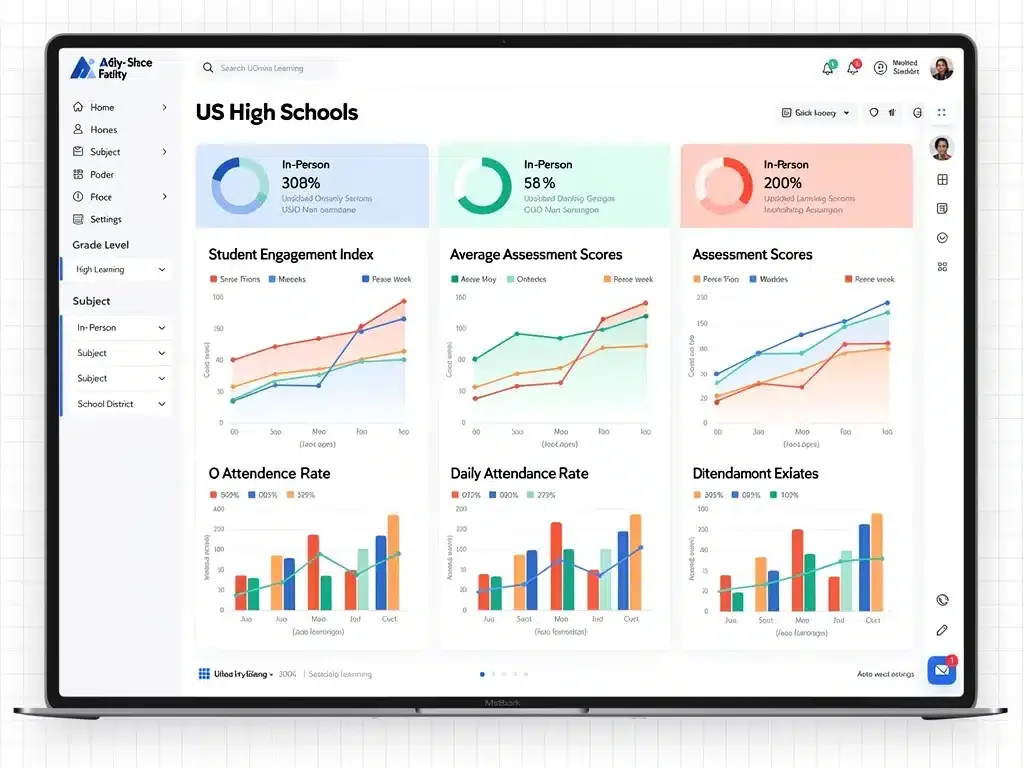 Educational performance dashboard showing hybrid learning metrics