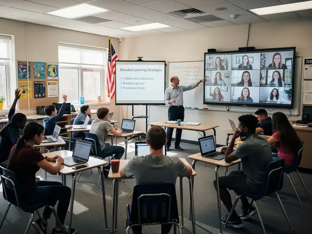 Teacher engaging with hybrid classroom students