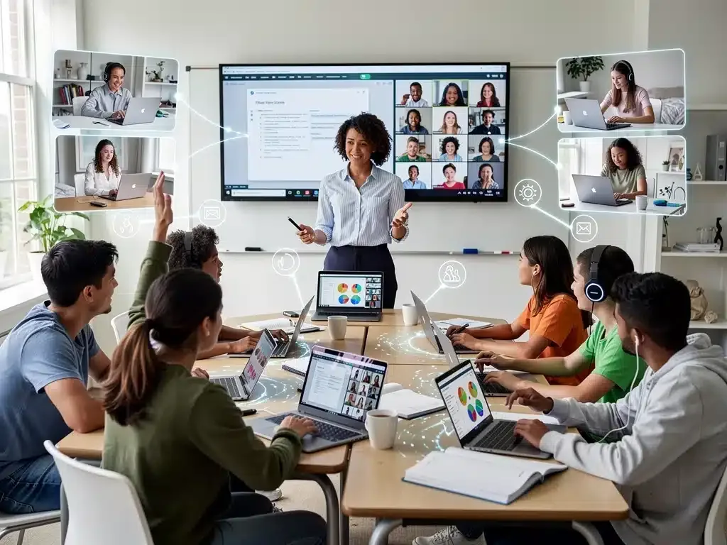 Students collaborating in a modern hybrid learning classroom setting