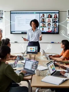 Students collaborating in a modern hybrid learning classroom setting