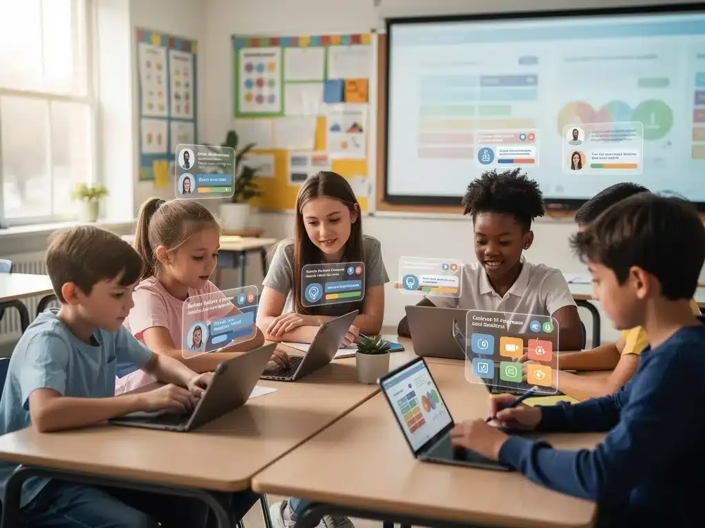 Students engaging with AI-powered personalized learning platforms