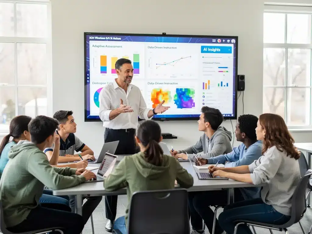 Educator using AI insights for adaptive K-12 assessment