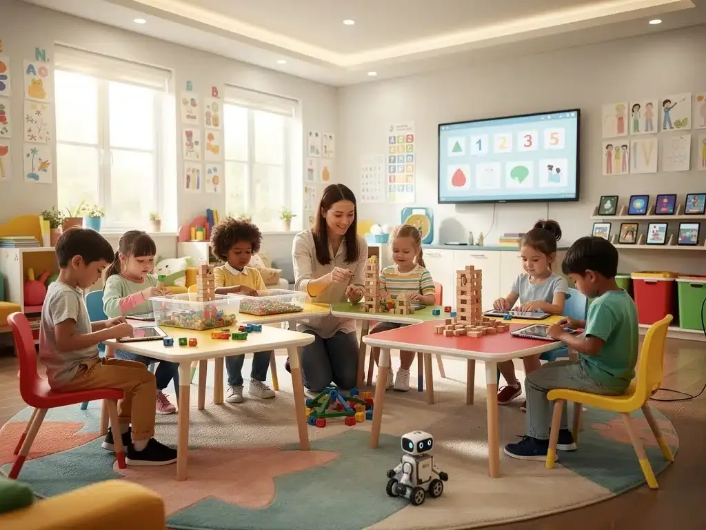 Diverse children learning in a bright, modern classroom, symbolizing early childhood education reform in 2026.