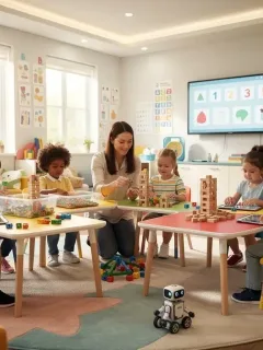 Diverse children learning in a bright, modern classroom, symbolizing early childhood education reform in 2026.