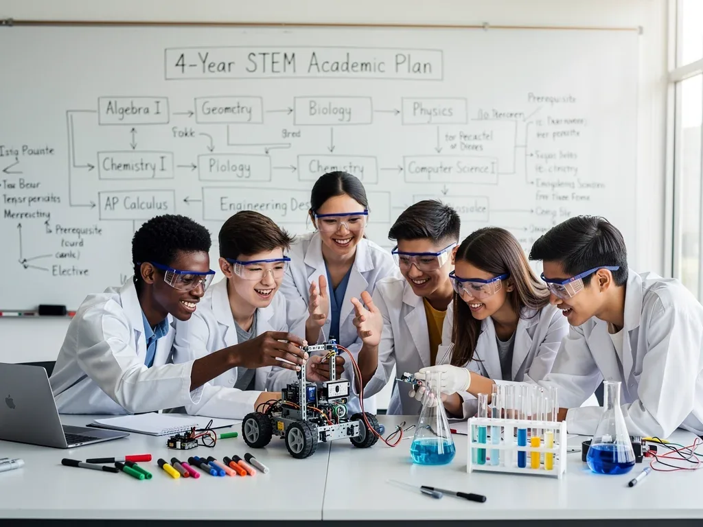 Students collaborating on a high school STEM project with a 4-year academic plan on a whiteboard.