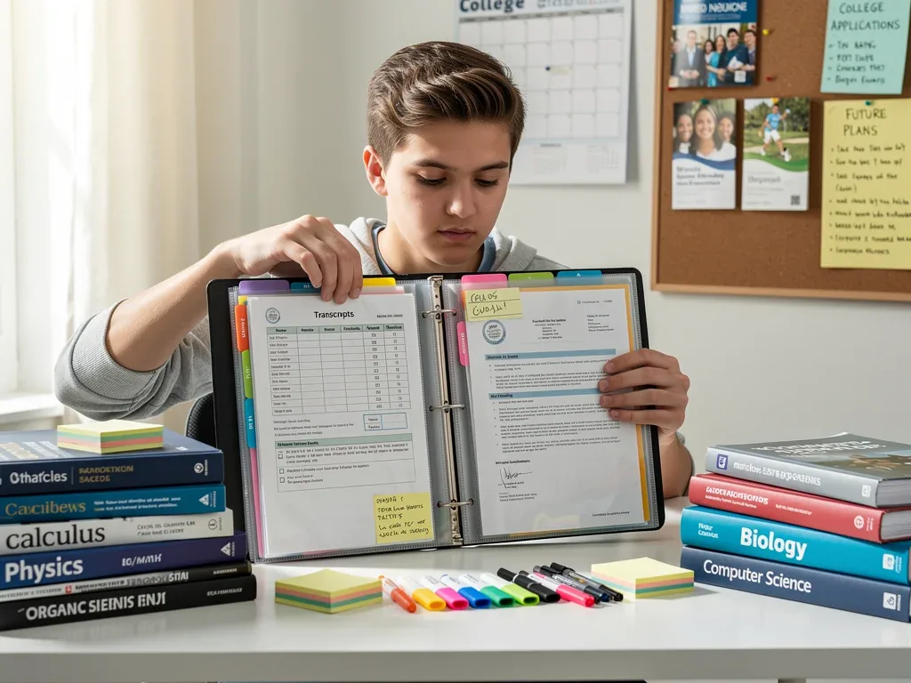 Student organizing high school course schedule and college application documents for STEM honors.