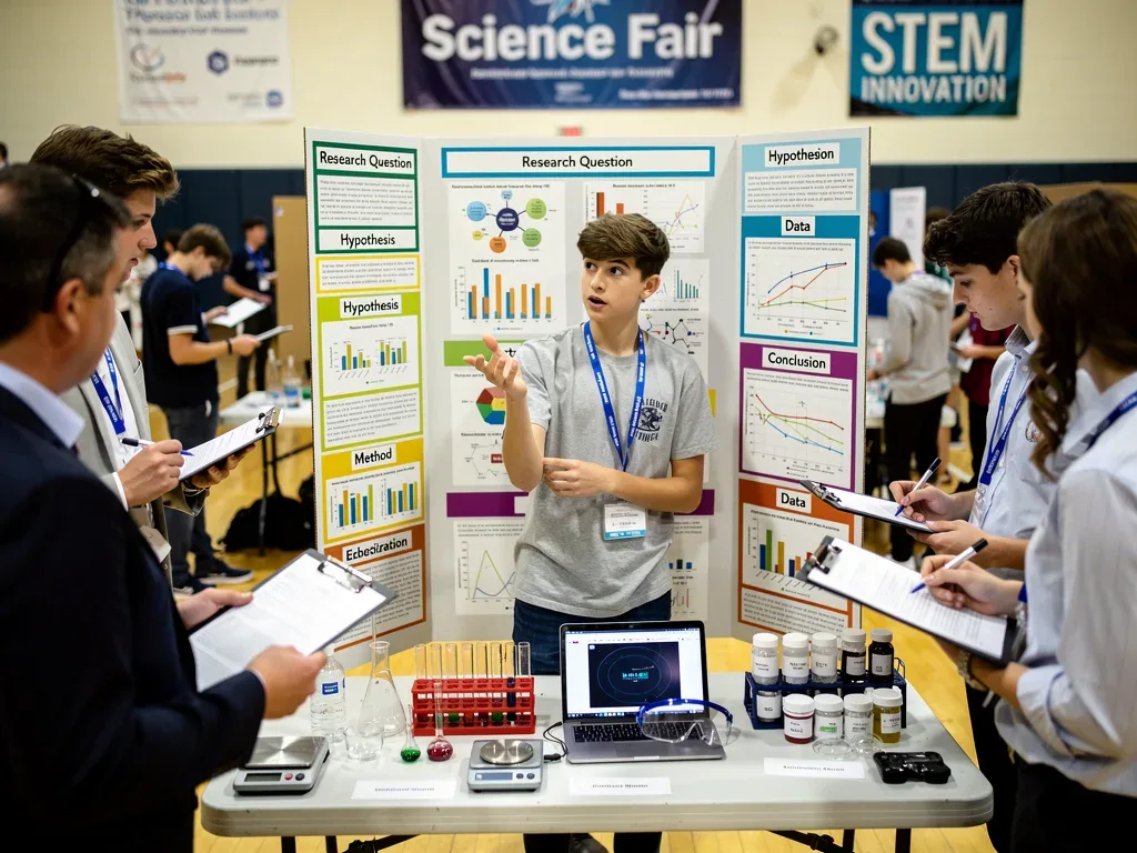 High school student presenting a science fair project to judges.