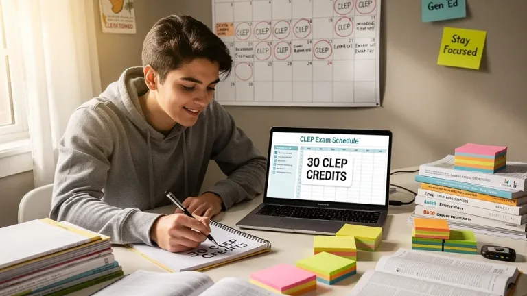 Student studying for CLEP exams to earn 30 credits and bypass general education courses.