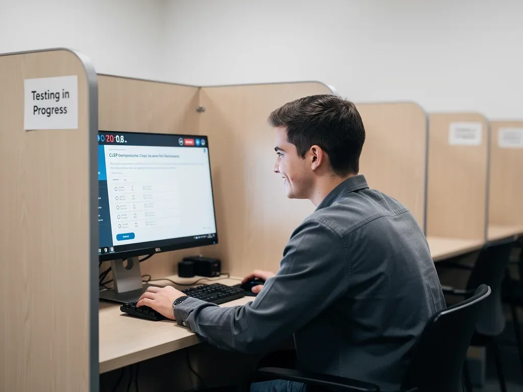 Student confidently taking a CLEP examination at a testing center.