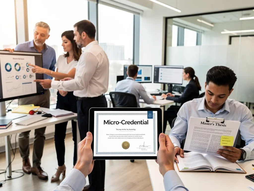 Professionals comparing micro-credentials and master's degree outcomes in a corporate setting
