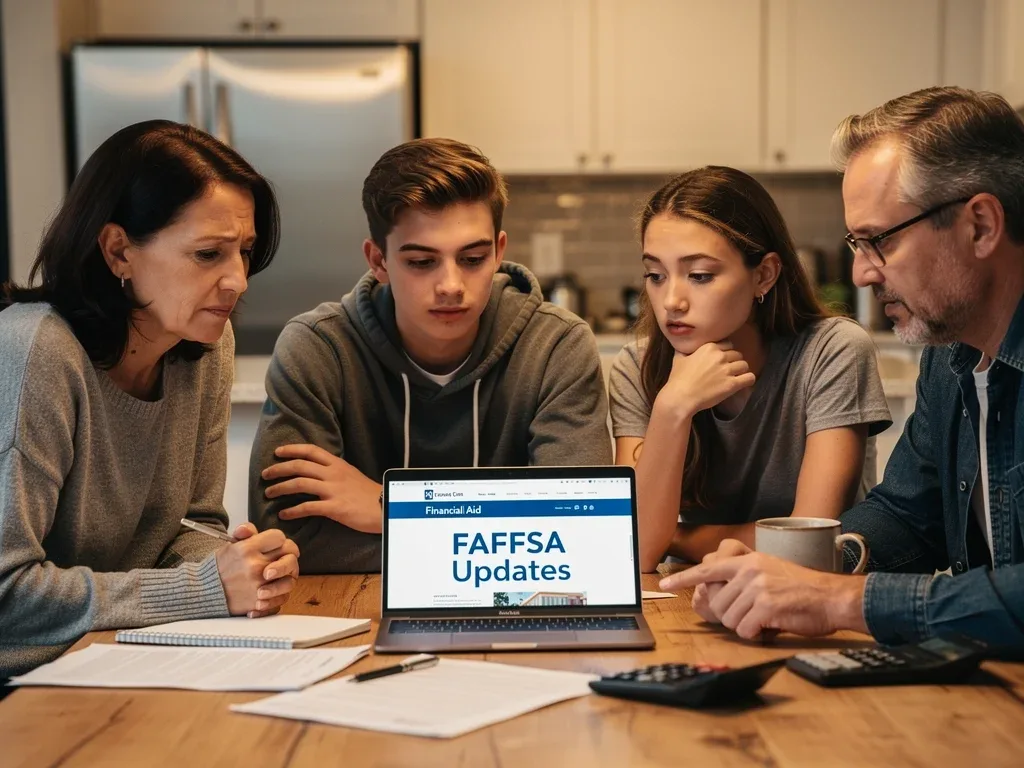 Family discussing FAFSA financial aid changes at a kitchen table, contemplating future college costs.