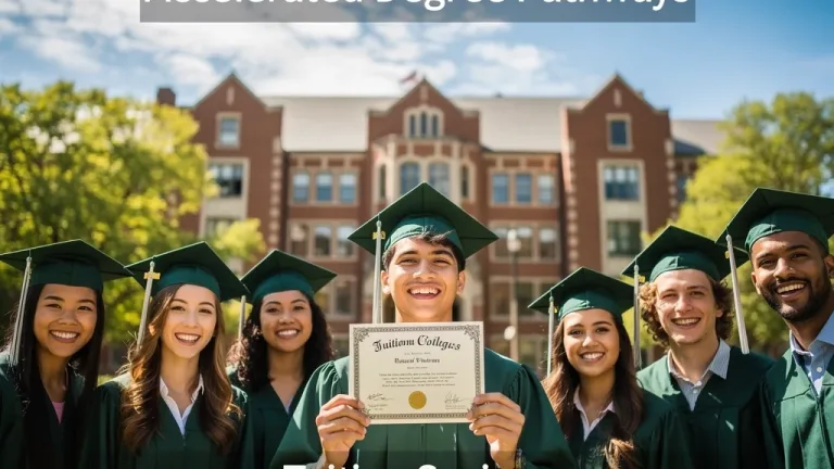 Graduates celebrating on a university campus, symbolizing accelerated degree completion and tuition savings.