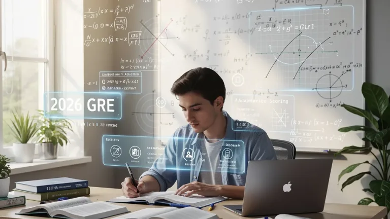 Student preparing for the 2026 GRE General Test, focusing on adaptive section scoring and quantitative reasoning.