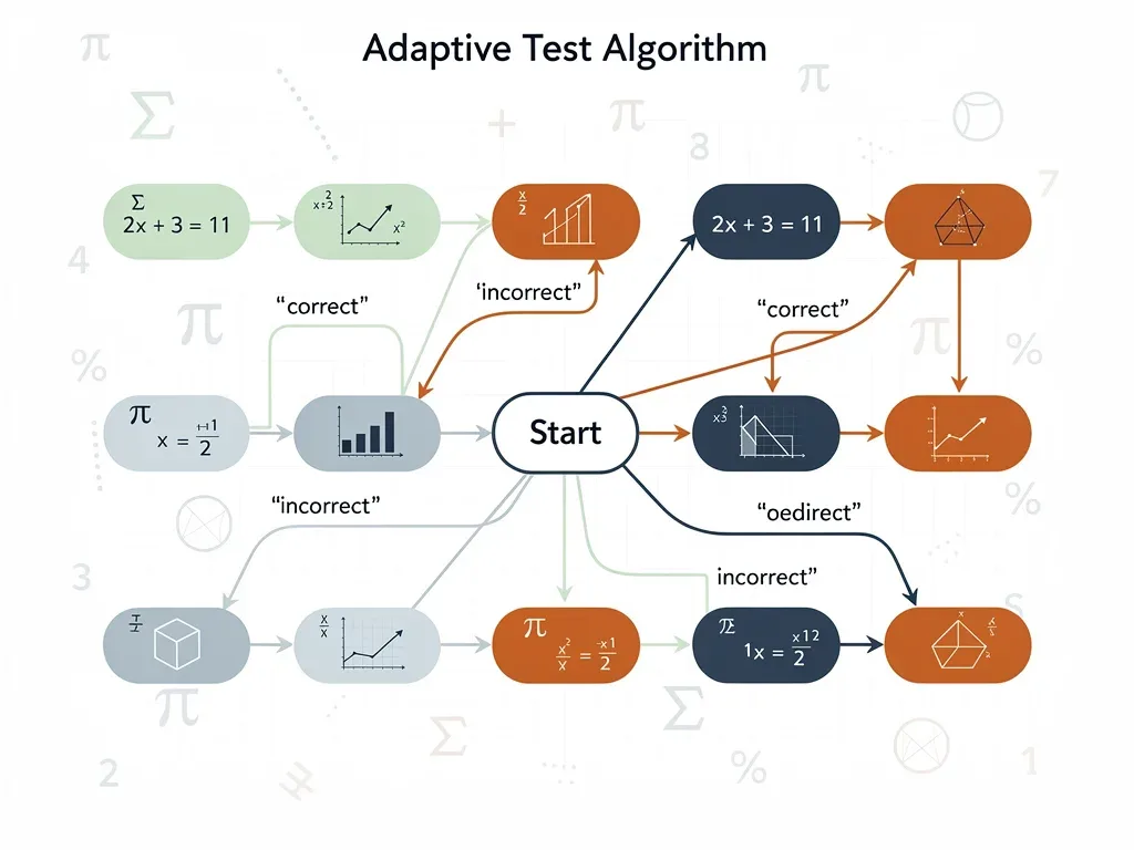 Adaptive test algorithm displaying question difficulty adjustments in real-time for GRE quantitative section.
