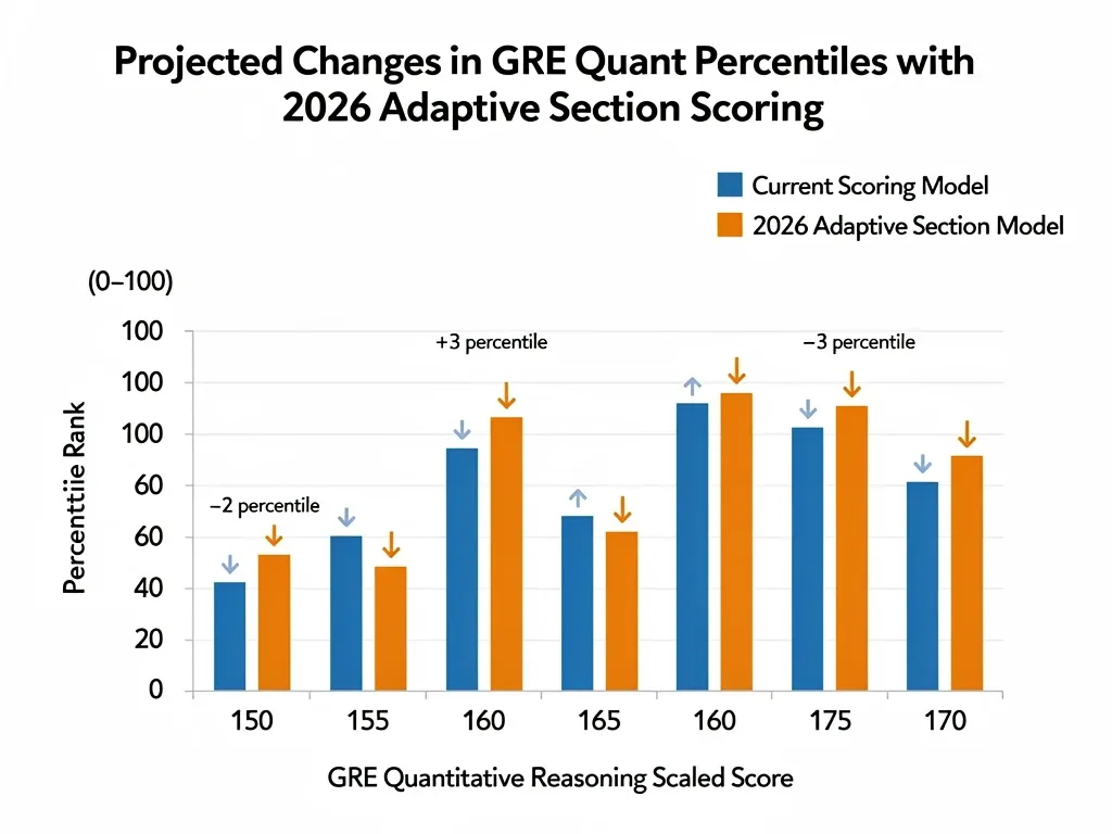 Comparative bar chart showing current versus 2026 GRE Quant Percentile impacts from adaptive scoring.