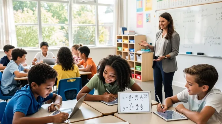Middle school students collaborating on algebra problems in a modern classroom
