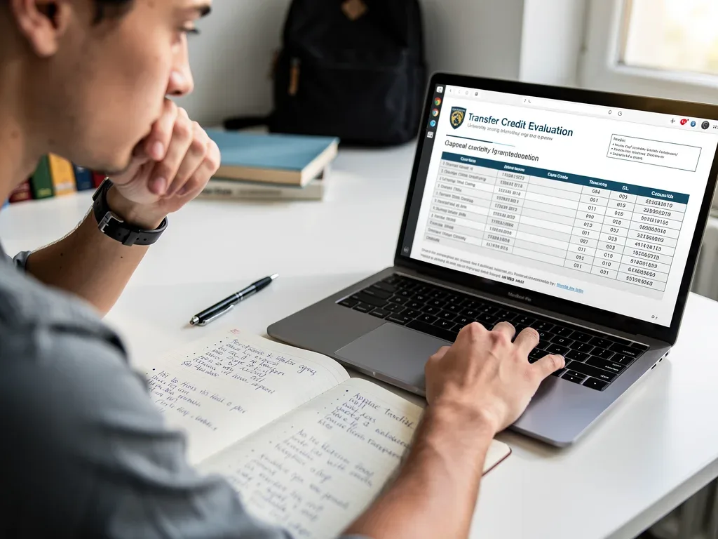 Student reviewing transfer credit evaluation documents on laptop