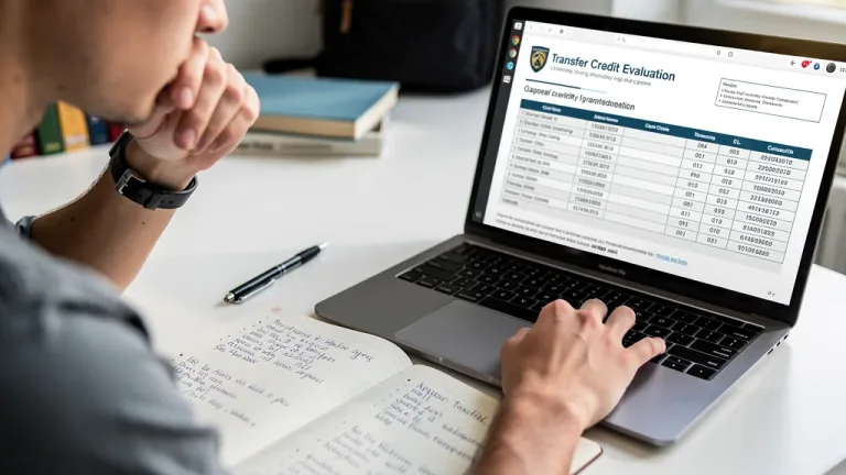 Student reviewing transfer credit evaluation documents on laptop