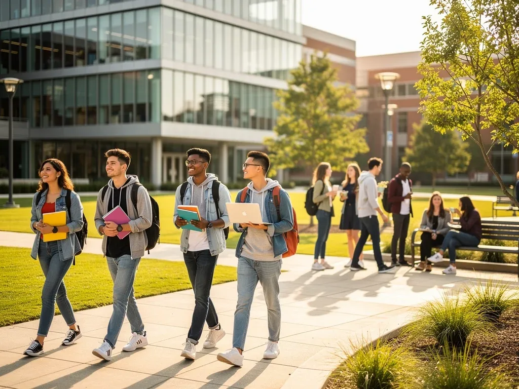 Students walking on a university campus, symbolizing diverse educational paths and the future of higher education.