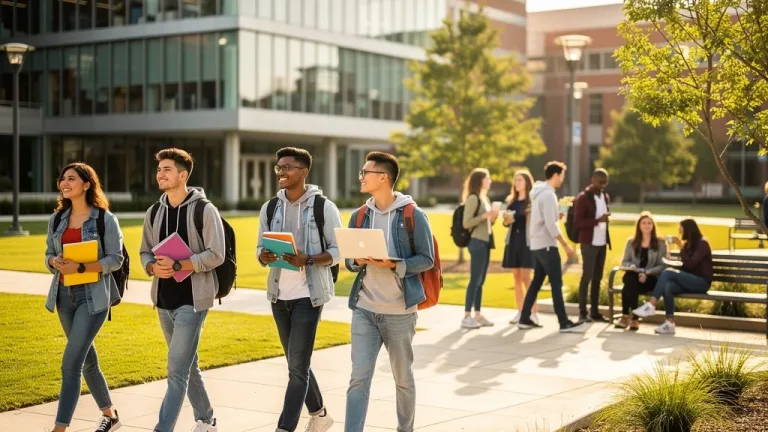 Students walking on a university campus, symbolizing diverse educational paths and the future of higher education.