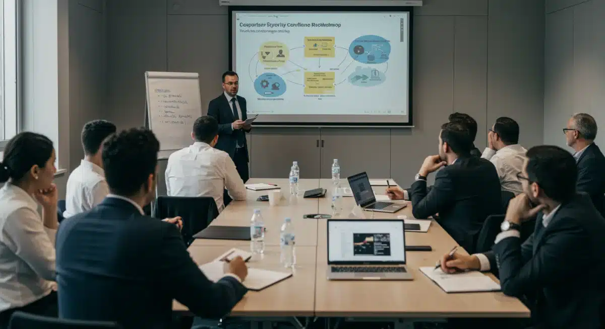 Business leaders discussing cybersecurity compliance strategies