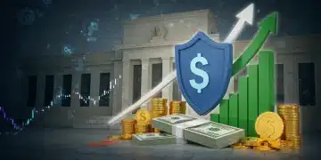 Shield guarding US dollars and investment symbols from rising interest rate graph