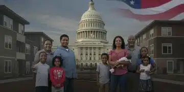Families standing before new housing, symbolizing the Federal Housing Initiative 2026 impact.