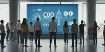 Diverse Americans viewing CDC public health guidelines on a large screen