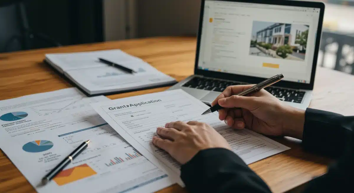 Detailed view of hands completing a federal grant application form.