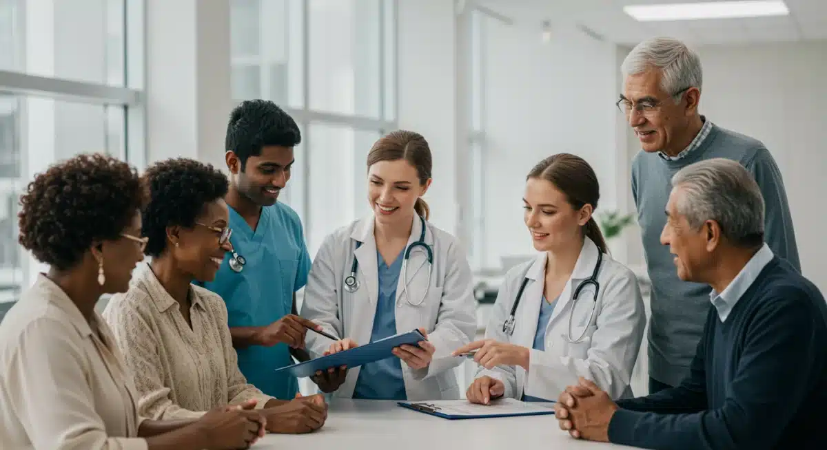 Diverse patients and doctors benefiting from new medical treatments in a clinic