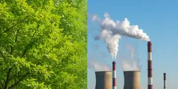 Illustration of reduced industrial pollution with green elements, symbolizing progress in cutting US carbon emissions.
