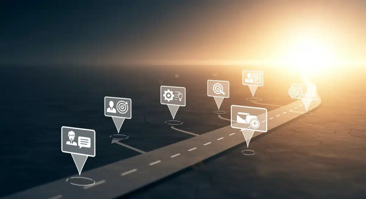 Career path with branching micro-credential icons leading to professional growth.