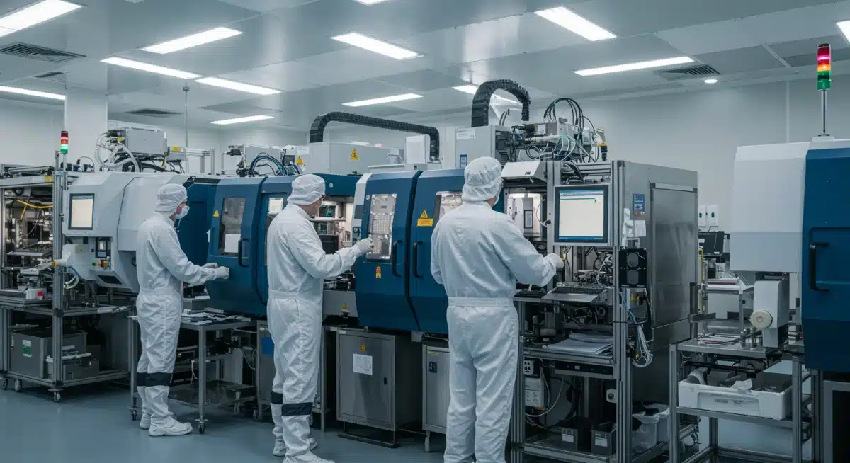 Engineers working in a cleanroom on advanced semiconductor manufacturing.