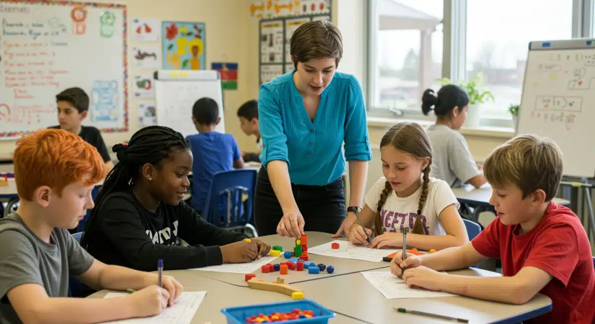 Diverse students engaged in a dynamic Common Core math lesson in a classroom setting.