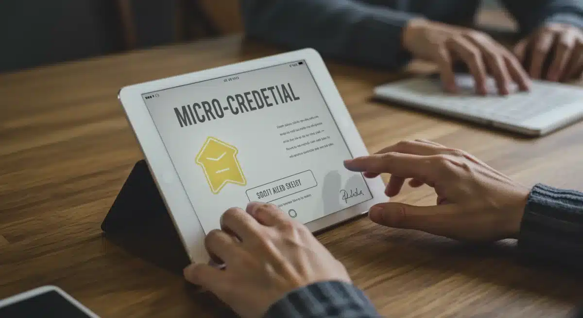 Digital badge for micro-credential completion on a tablet, symbolizing achievement.