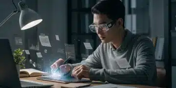 Student actively engaged in futuristic online learning session, holographic display