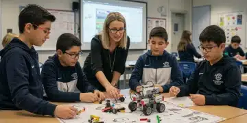 K-12 students collaborating on a STEM project in a modern classroom, embodying future-ready education.