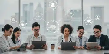 Professionals learning new skills through micro-credentials on digital devices, with a modern cityscape backdrop.