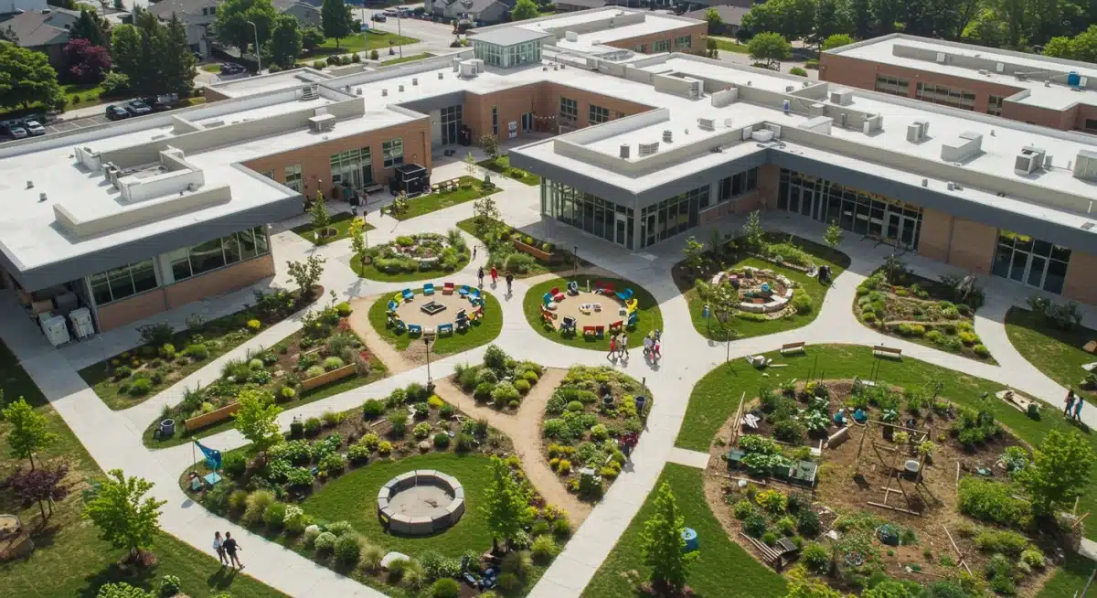 Modern K-12 school campus with collaborative STEM learning environments.