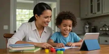 Parent and child studying math and reading at home, engaged with educational materials.