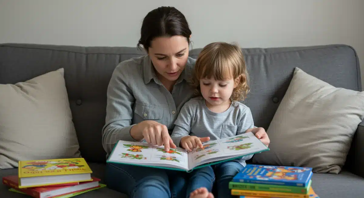 Parent reading aloud to child, fostering reading comprehension and literacy skills.