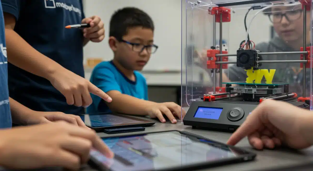 Students engaging with 3D printing and coding in a K-12 STEM classroom.