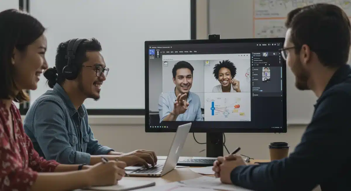 Diverse students collaborating virtually on an online academic project