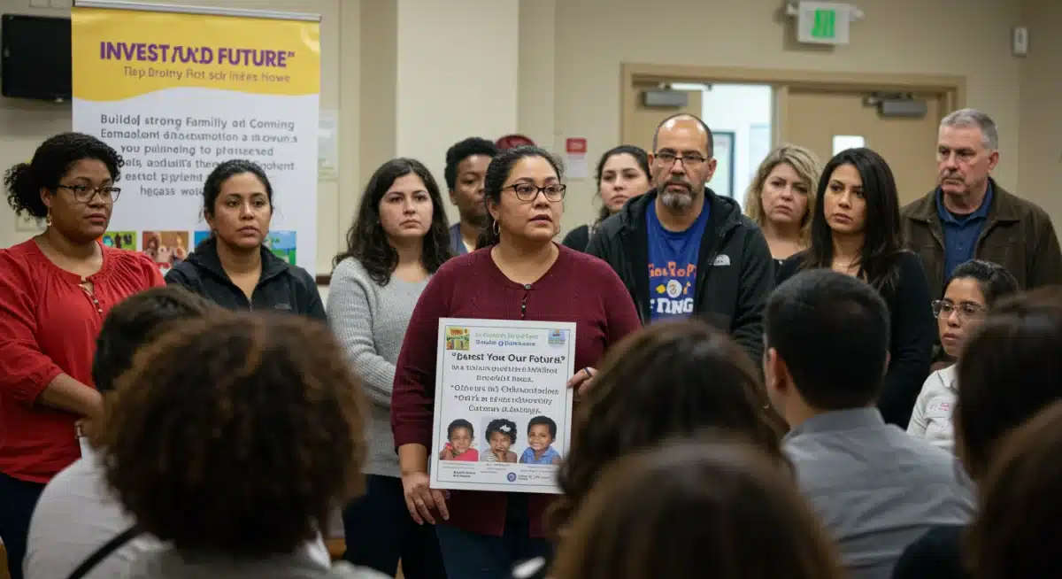 Community meeting discussing the future of early childhood education and preschool access.