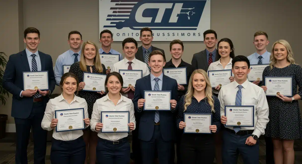 Diverse CTE graduates celebrating 80% job placement success in modern workplace.