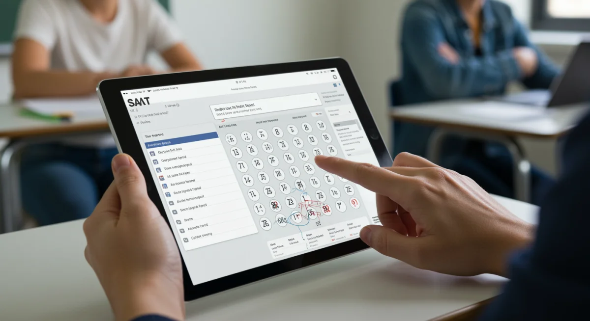 Digital SAT interface on a tablet, showcasing modern testing methods.