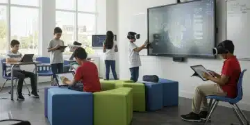 K-12 students using new educational technology tools in a modern classroom for enhanced learning outcomes.